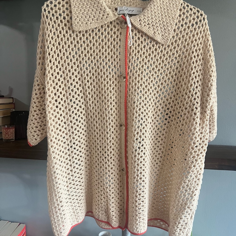 Petal + Pup Beige Crochet Cardigan with Red Trim